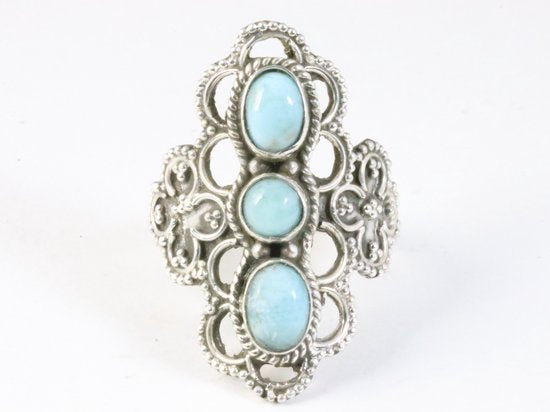 Bewerkte zilveren ring met 3 larimar stenen afbeelding 4