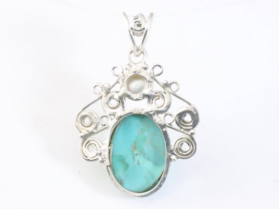 Opengewerkte zilveren hanger met Mohave turkoois en parel afbeelding 3