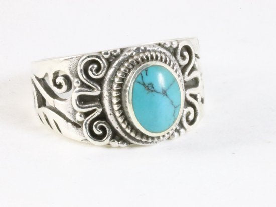 Opengewerkte zilveren ring met blauwe turkoois afbeelding 1