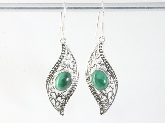 Lange bewerkte zilveren oorbellen met malachiet afbeelding 4