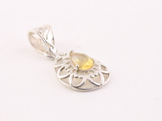 Opengewerkte druppelvormige zilveren hanger met citrien aan ketting afbeelding 2