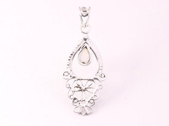 Fijne lange opengewerkte zilveren hanger met regenboog maansteen afbeelding 3