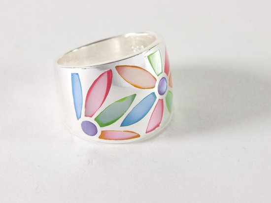 Zware zilveren ring met multicolor schelp afbeelding 1
