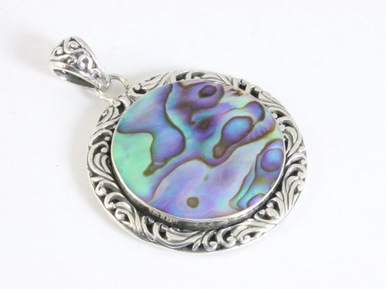 Traditionele bewerkte ronde zilveren hanger met abalone schelp afbeelding 2