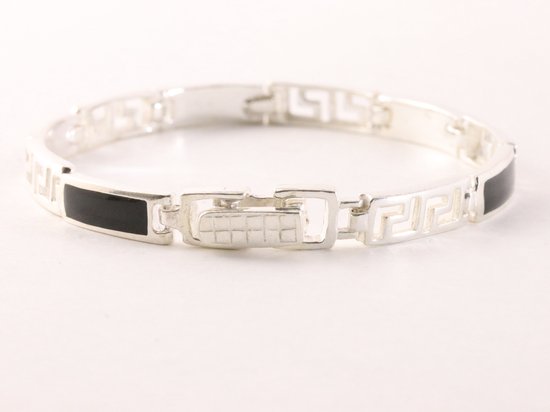 Opengewerkte hoogglans zilveren armband met onyx afbeelding 3