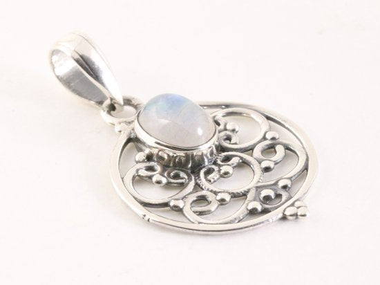 Ronde opengewerkte zilveren hanger met regenboog maansteen afbeelding 2
