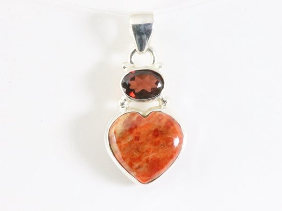 Hartvormige zilveren hanger met rode koraal steen en granaat afbeelding 4