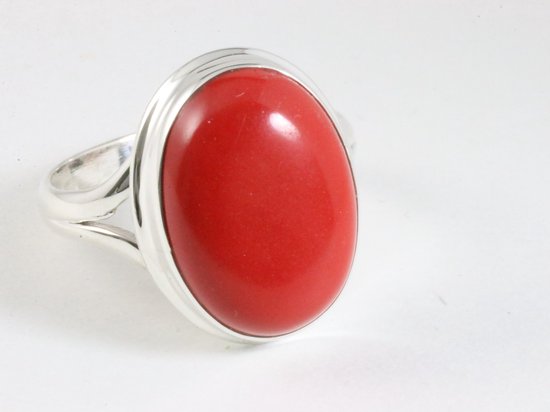 Ovale hoogglans zilveren ring met rode koraal steen afbeelding 1