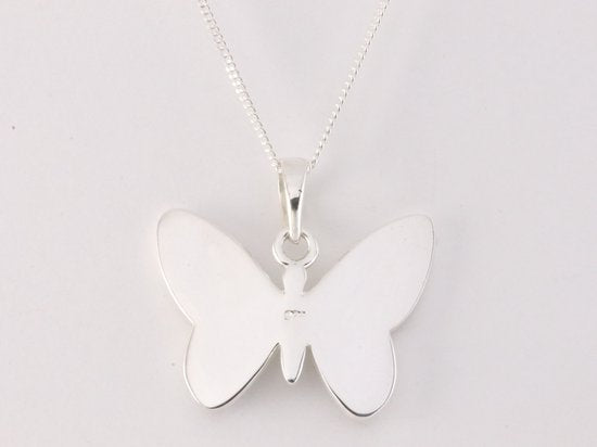 Zilveren vlinder hanger met roze en witte parelmoer aan ketting afbeelding 3