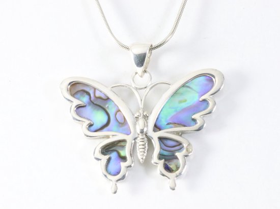 Zilveren vlinder hanger met abalone schelp aan ketting afbeelding 4