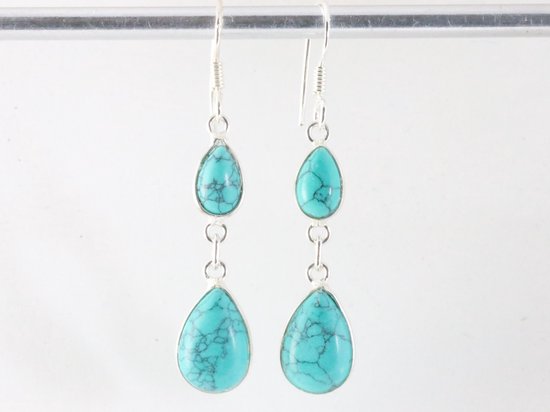 Fijne lange zilveren oorbellen met turkoois afbeelding 4