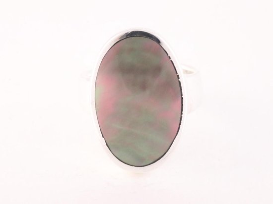 Ovale hoogglans zilveren ring met zwarte parelmoer afbeelding 4