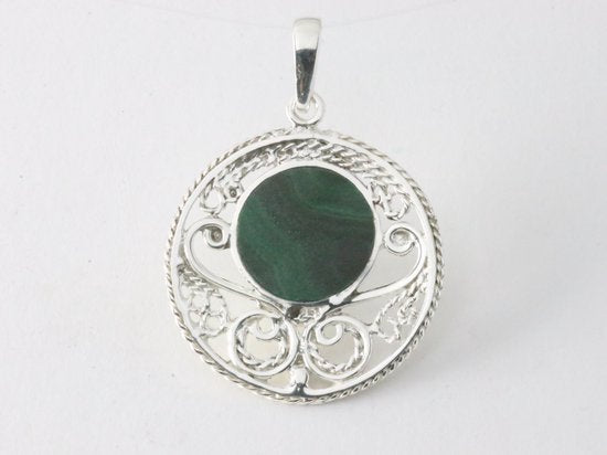 Ronde opengewerkte zilveren hanger met malachiet afbeelding 3