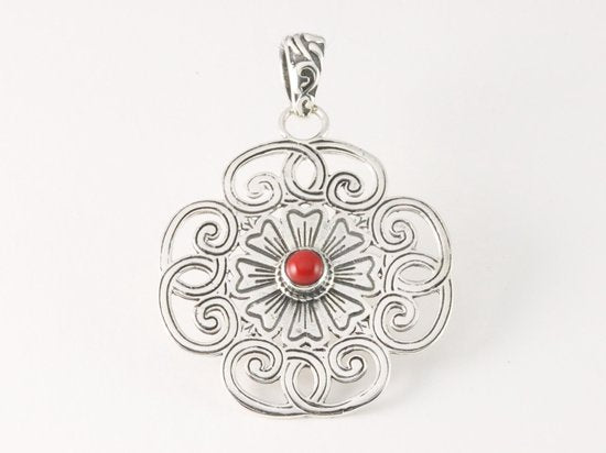 Grote opengewerkte zilveren hanger met rode koraal steen afbeelding 1