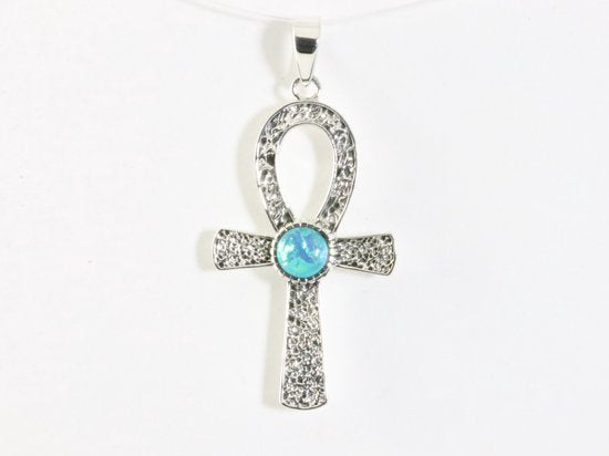Bewerkte zilveren ankh hanger met blauwe opaal afbeelding 3
