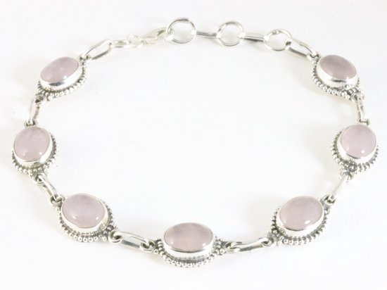 Bewerkte zilveren armband met rozenkwarts afbeelding 1