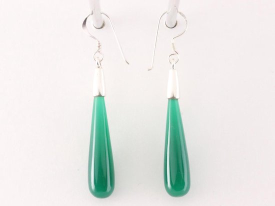 Lange zilveren pegel oorbellen met groene agaat afbeelding 2