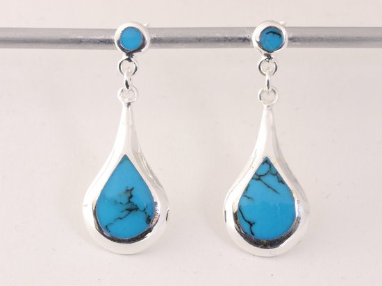 Druppelvormige hoogglans zilveren oorstekers met blauwe turkoois afbeelding 4