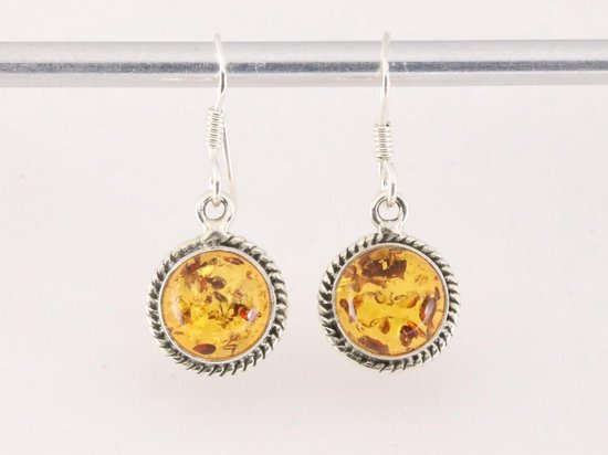 Fijne ronde bewerkte zilveren oorbellen met amber afbeelding 4