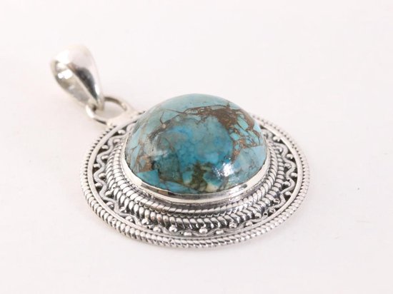 Bewerkte ronde zilveren hanger met blauwe koperturkoois afbeelding 2