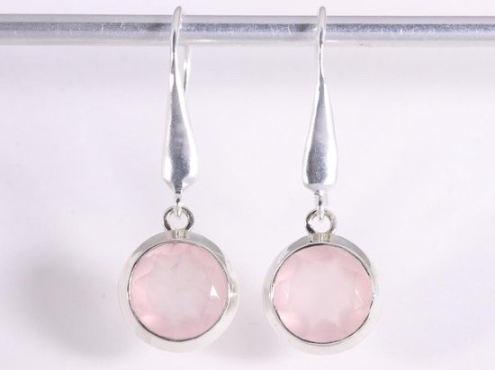 Lange hoogglans zilveren oorbellen met rozenkwarts afbeelding 4