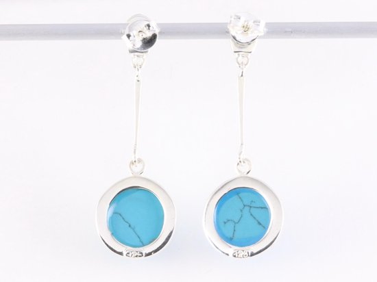Lange ronde zilveren oorstekers met blauwe turkoois afbeelding 3