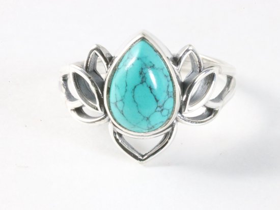 Opengewerkte zilveren lotus bloem ring met turkoois afbeelding 4