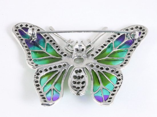 Grote zilveren vlinder broche met marcasiet, emaille, rozenkwarts en robijn afbeelding 3