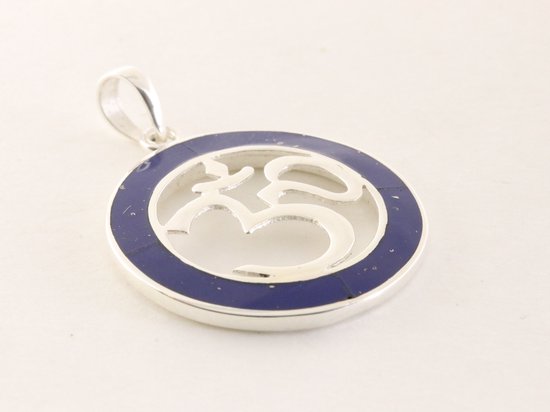 Ronde zilveren hanger met ohm teken en lapis lazuli afbeelding 2