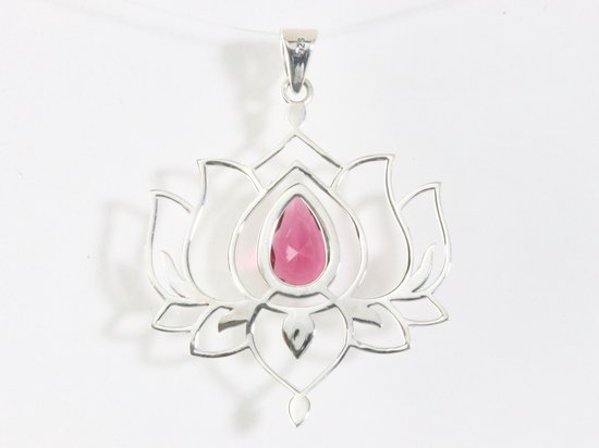 Opengewerkte zilveren lotus hanger met roze toermalijn afbeelding 3