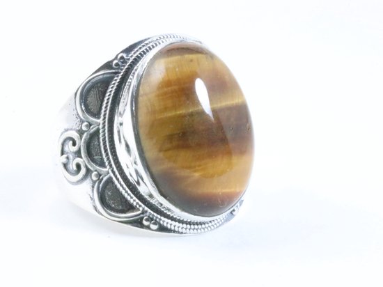 Zware bewerkte zilveren ring met tijgeroog afbeelding 1