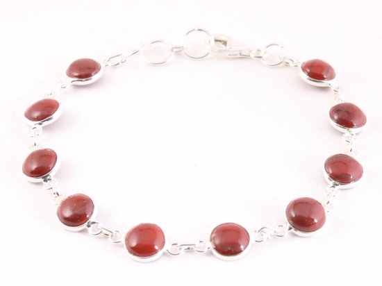 Fijne zilveren schakelarmband met rode jaspis afbeelding 1
