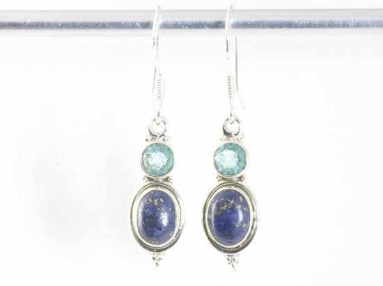 Fijne bewerkte zilveren oorbellen met lapis lazuli en blauwe topaas afbeelding 1