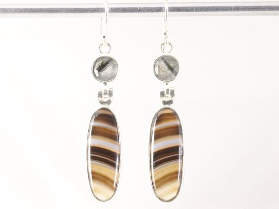 Lange zilveren oorbellen met Botswana agaat en zwarte rutielkwarts afbeelding 4