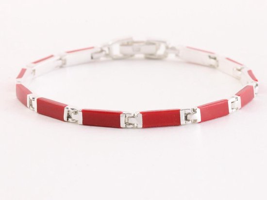 Zilveren schakelarmband met rode koraal steen afbeelding 1