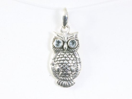 Zilveren uil hanger met blauwe topaas afbeelding 4