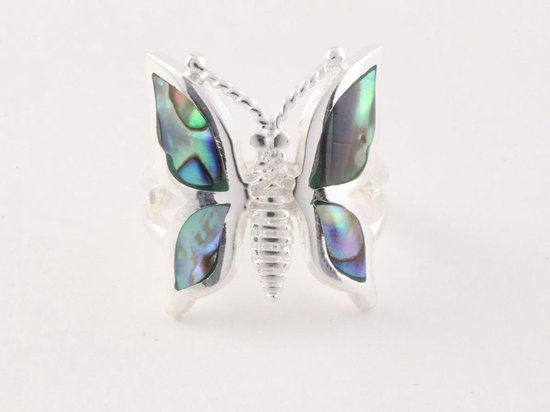 Zilveren vlinder ring met abalone schelp afbeelding 2