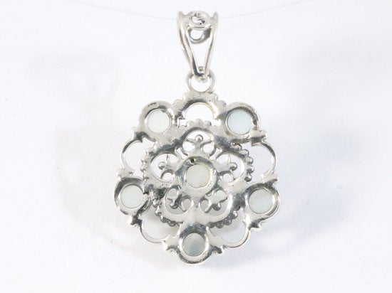 Opengewerkte zilveren hanger met aqua chalcedoon afbeelding 3