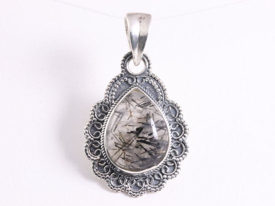 Bewerkte zilveren hanger met zwarte rutielkwarts afbeelding 1