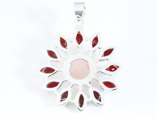Grote opengewerkte zilveren hanger met rozenkwarts en granaat afbeelding 3