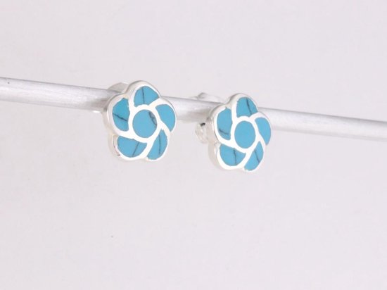 Bloemvormige zilveren oorstekers met blauwe turkoois afbeelding 2