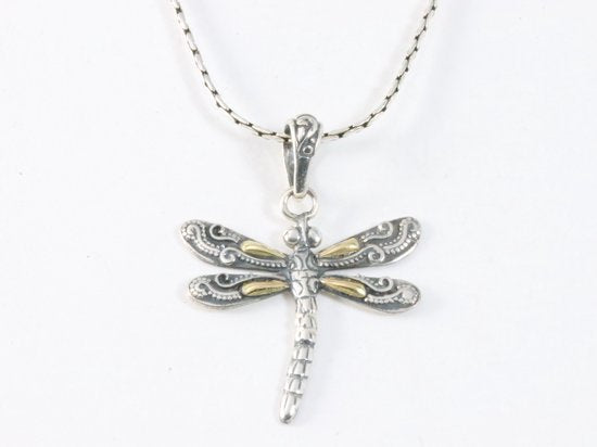 Fijne zilveren libelle hanger met 18k gouden decoraties aan ketting afbeelding 4