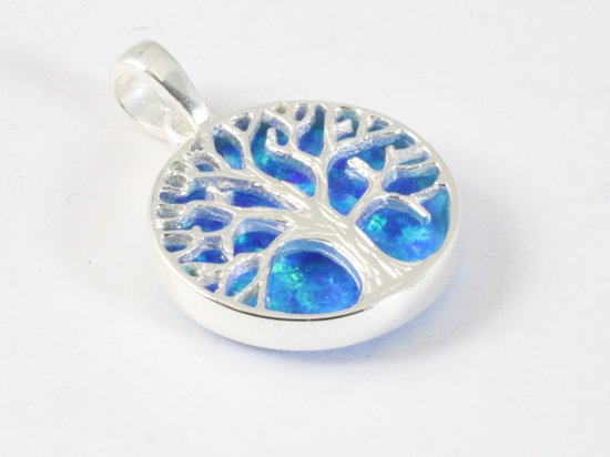 Fijne ronde zilveren hanger met levensboom op Australische opaal afbeelding 2
