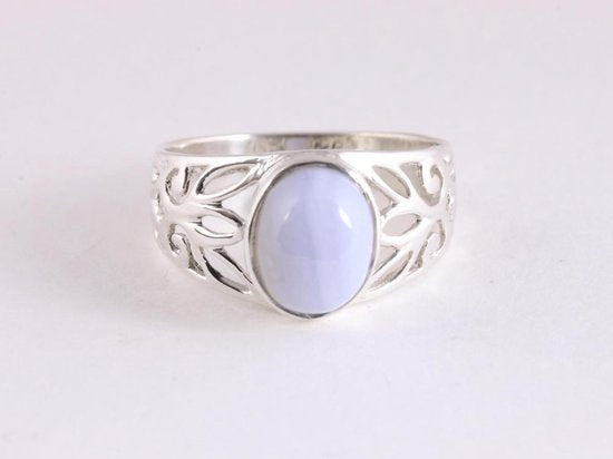 Opengewerkte zilveren ring met blauwe lace agaat afbeelding 4