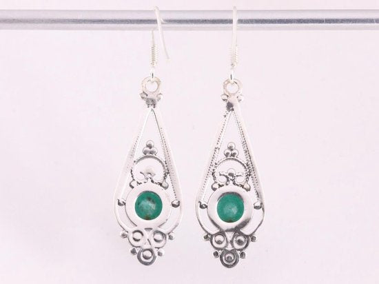 Lange opengewerkte zilveren oorbellen met robijn afbeelding 3