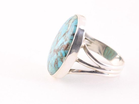 Grote ovale zilveren ring met blauwe koperturkoois afbeelding 2