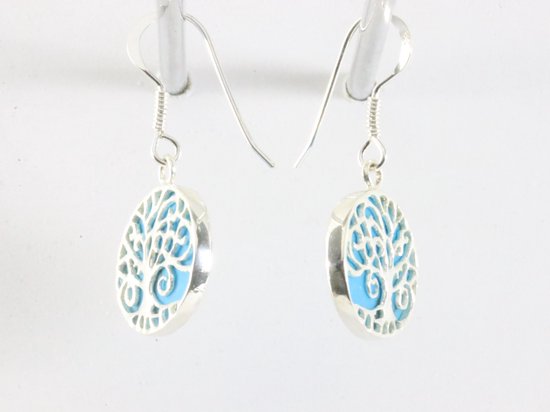 Ronde zilveren oorbellen met levensboom op blauwe turkoois afbeelding 2
