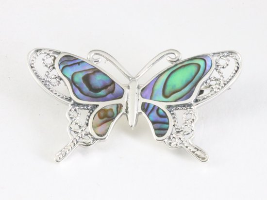 Zilveren vlinder broche met abalone schelp afbeelding 1