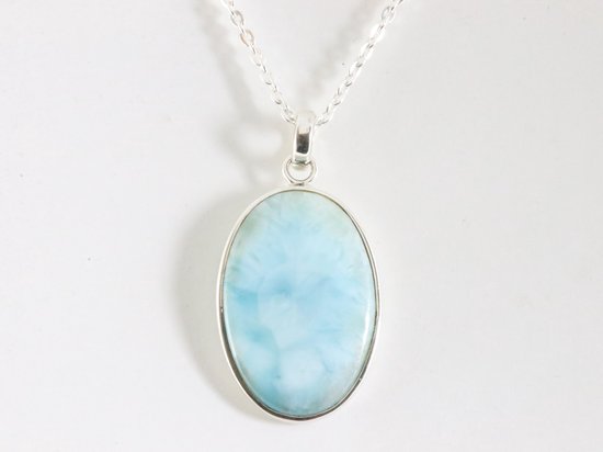 Grote ovale zilveren hanger met larimar aan ketting afbeelding 4