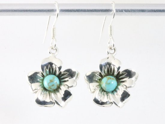Bloemvormige zilveren oorbellen met groene turkoois afbeelding 3